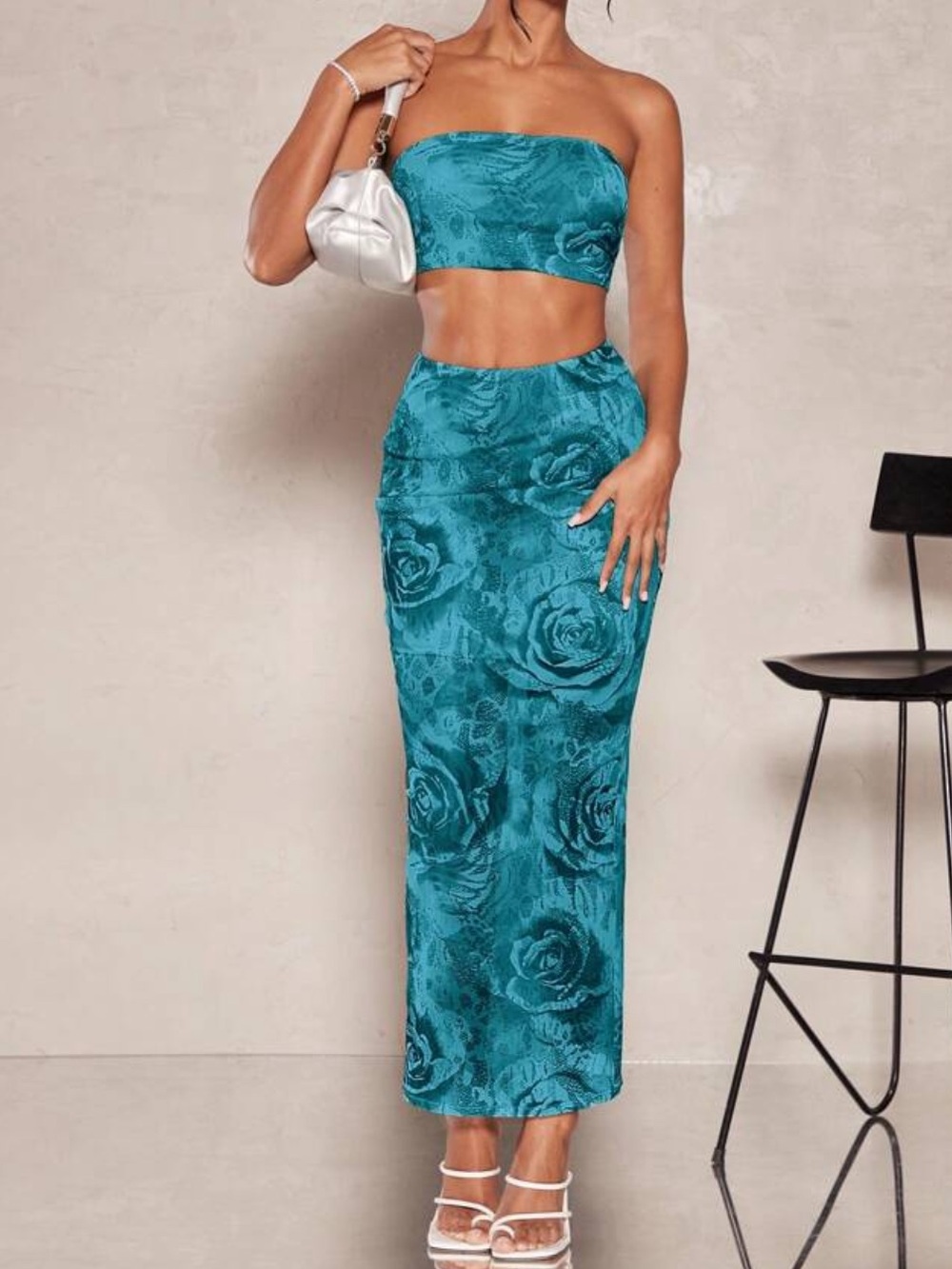 Teal and Black Floral Midi Skirt Set